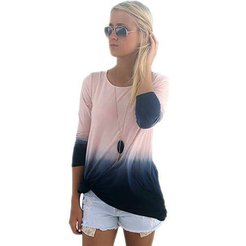 Women's Fashion Round Neck Long Sleeve Gradient Color Top Shirt Blouse High