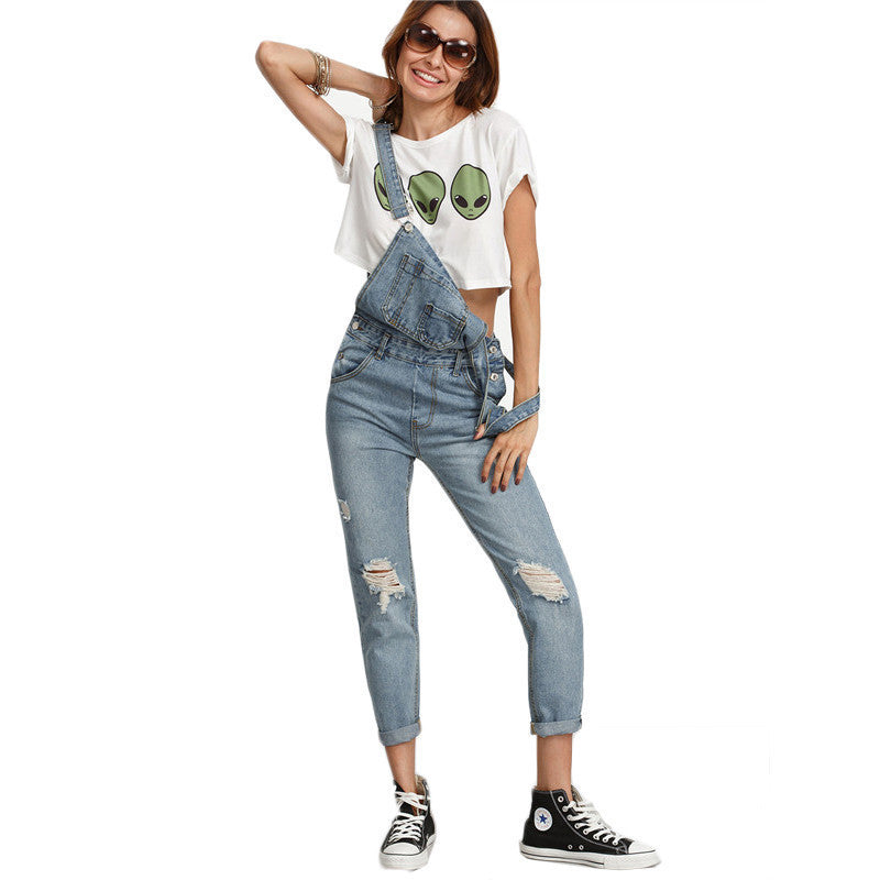 Online discount shop Australia - Dotfashion Ripped Stone Wash Denim Overall Jeans Women Cute Wear Vintage Sleeveless with Pockets Jumpsuits