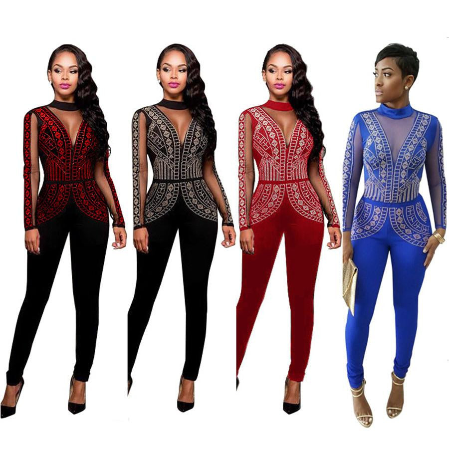 Womens Rompers Club Party Black Red blue O-neck Drilling Long Mesh Sleeves Bodycon Jumpsuit Plus Size