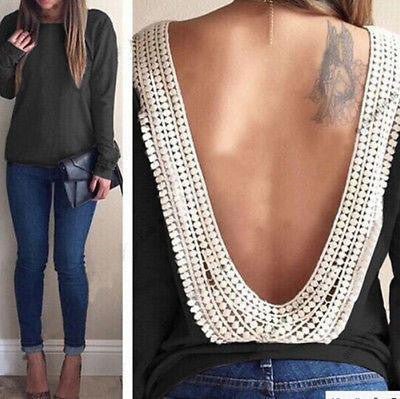 Women Backless Tops T-Shirt Long Sleeve Casual Lace Open Back