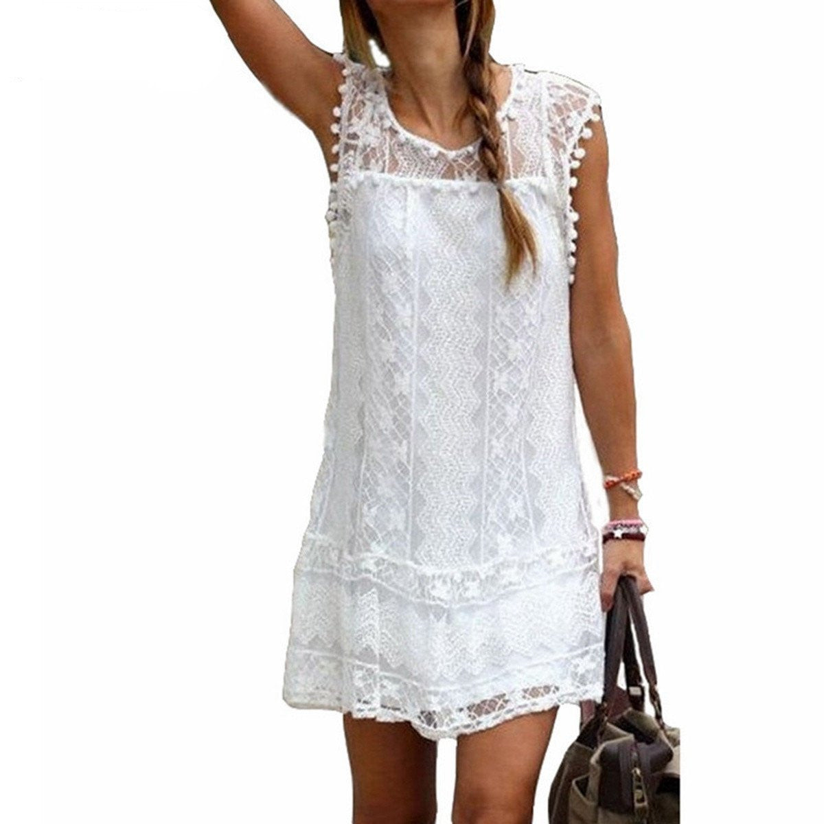 Summer Elegant Women Casual Solid Short Sleeve Slim Lace Mini Dress Tops Ladies White Dress Plus Size