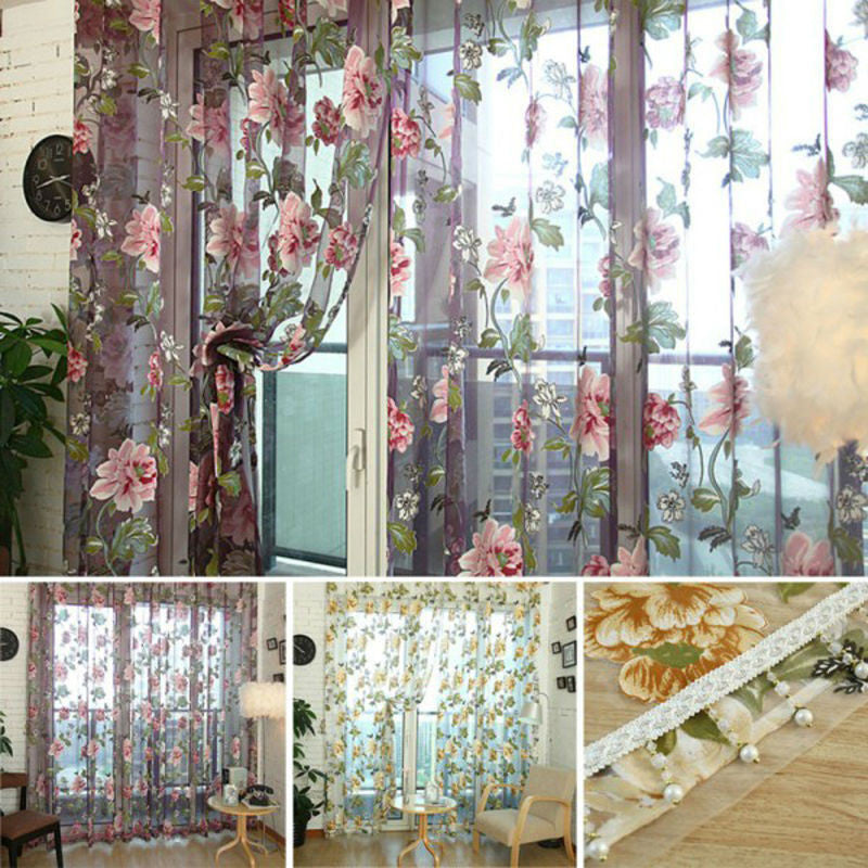 Online discount shop Australia - Chic Style Floral Tulle Voile Bead Hem Window Curtain100*250CM , voile curtains,Tulle on the window,curtain voile