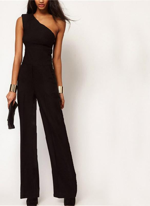 Style Black Chiffon Women Long Rompers Jumpsuit One Shoulder Off Empire Club Party Playsuits Overalls