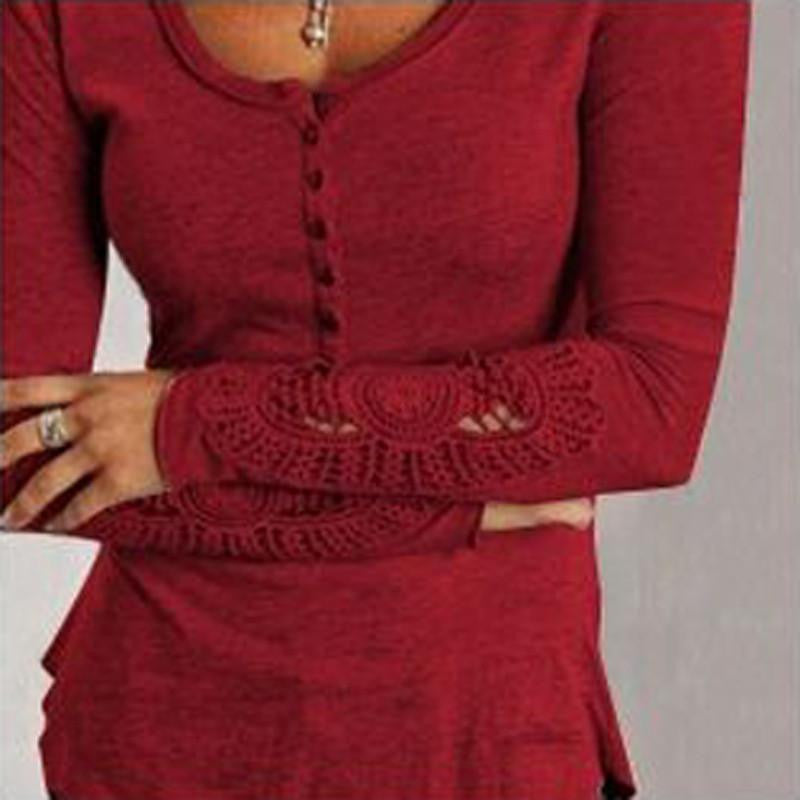 Women Embroidery Crochet Lace Sleeve Hollow Blouses Casual Solid O Neck Blouse Shirt Plus Size Tops