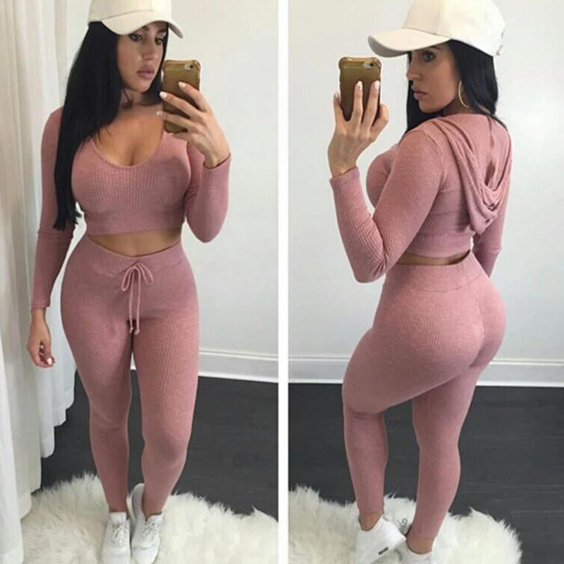 Two Pieces Set Women Knitted Rompers Long Sleeve Hoodied Crop Top Long Pants High Cotton Jumpsuit