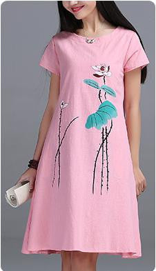 Womens Short sleeve Long Dress High Ink Printing cotton linen Vintage Dress E610