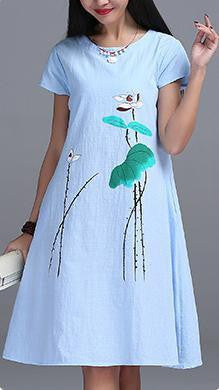 Womens Short sleeve Long Dress High Ink Printing cotton linen Vintage Dress E610