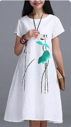 Womens Short sleeve Long Dress High Ink Printing cotton linen Vintage Dress E610