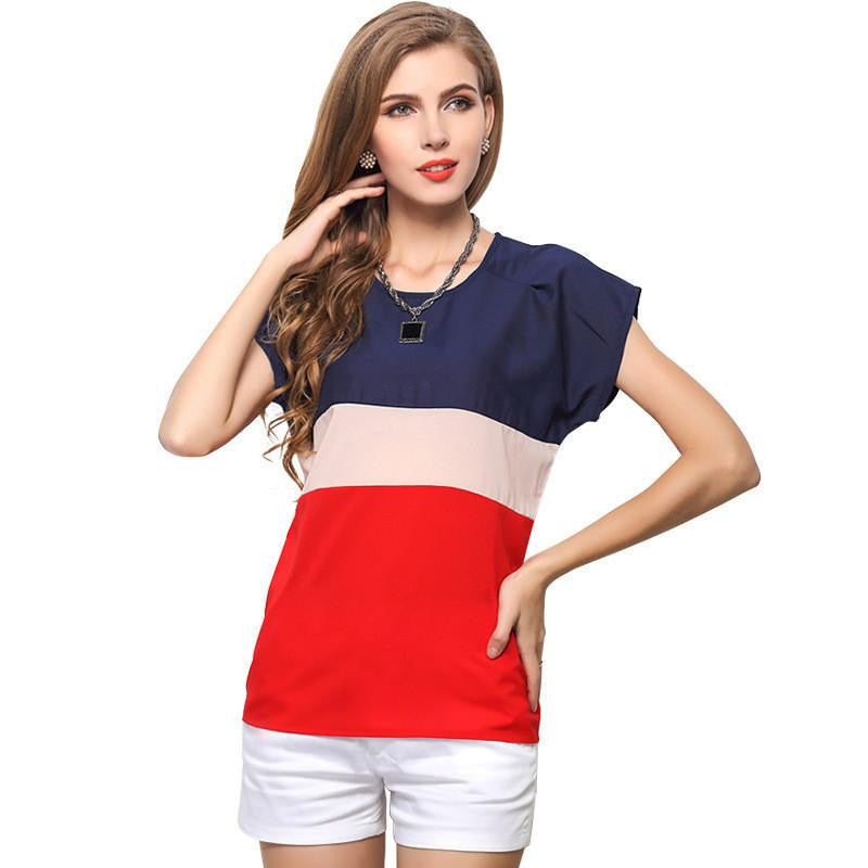 Women Clothing Three Colors Patchwork Women Blouses Short Sleeve Casual Chiffon Blouse Tops Shirt Women