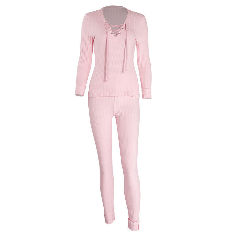 Online discount shop Australia - A/W Fashion Lace up Deep V neck Long Sleeve Bodycon Knitted Rompers Women Jumpsuit Two pieces Outfits Long Pants Pink Jumpsuits