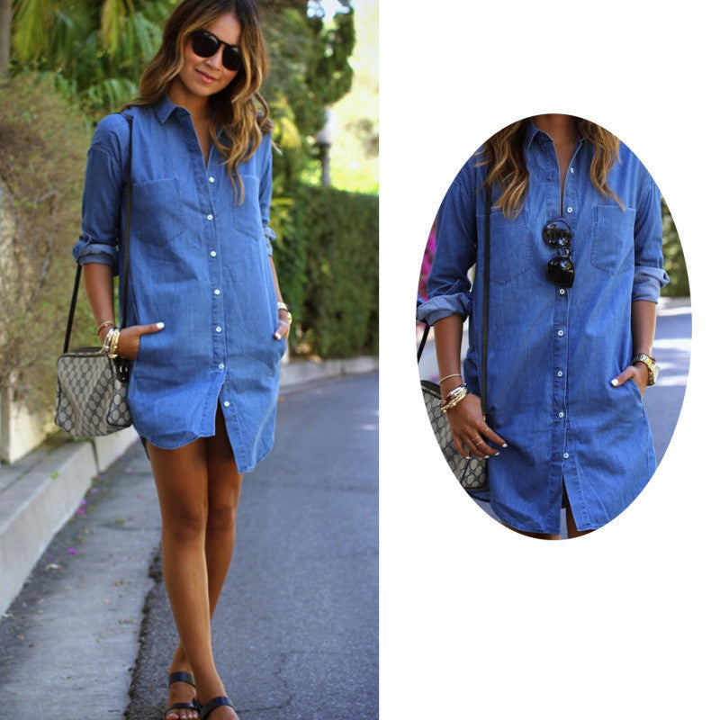 Online discount shop Australia - Fashion Women Dress Long Sleeve Mini Shirt Dress Blue Jeans Washed Denim L07