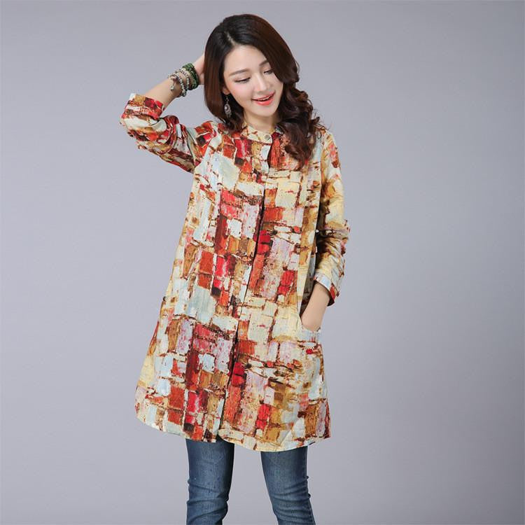 Vintange Shirts Women Casual Long Sleeve Printed Cotton Shirt Women Style Tops 3 Colors