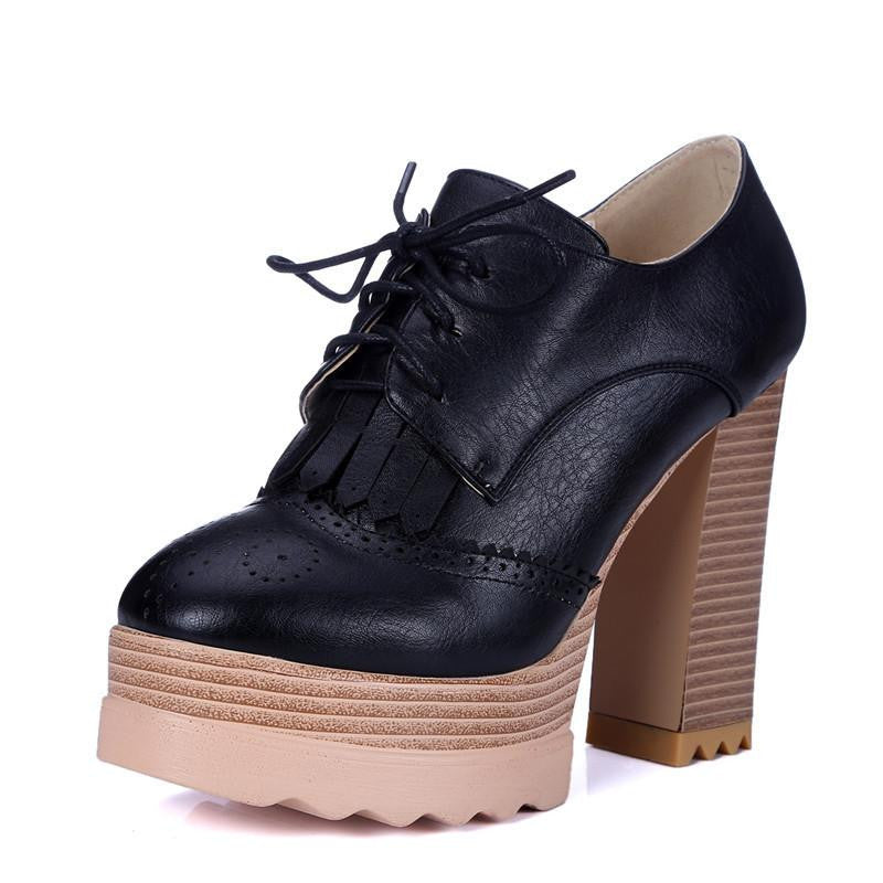 Thick High Heeled Pumps Round Toe Lacing Female Platform Shoes Casual Office Lady Shoes Square Heeled