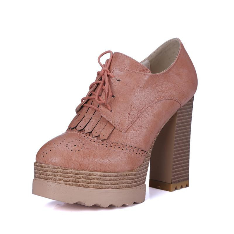 Thick High Heeled Pumps Round Toe Lacing Female Platform Shoes Casual Office Lady Shoes Square Heeled