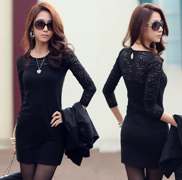 Women Lace Long Sleeve Bodycon Slim Mini Dress Splice Party Dress