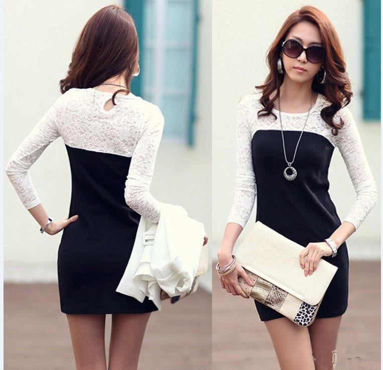 Women Lace Long Sleeve Bodycon Slim Mini Dress Splice Party Dress