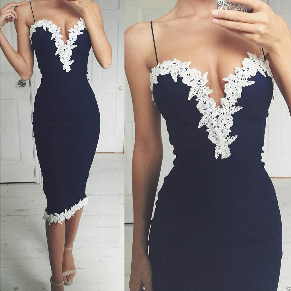 Summer Dresses Women Ladies Strappy V Neck Lace Party Bodycon Bandage Knee-Length Dress