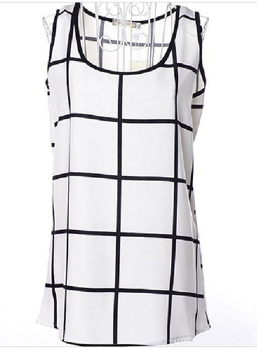 Women Blouses Chiffon O-Neck Sleeveless Black And White Plaid Shirt Tops Plus Size