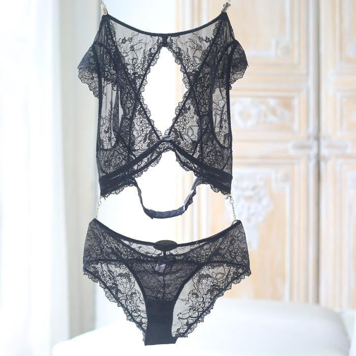 Transparent Lace Bra Set Deep V Lingerie Ultra-thin Bra Breifs Set Unlined women's underwear sets Full Soft Cup