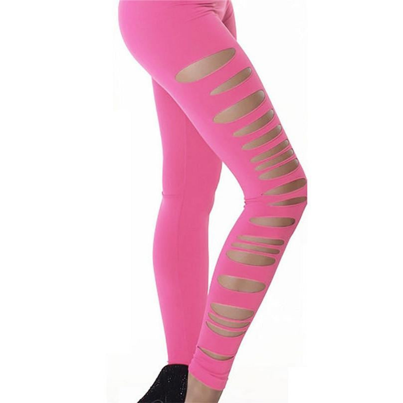 Women Leggings Candy Color Skinny Ripped Hole Cut Out Leggings Pants