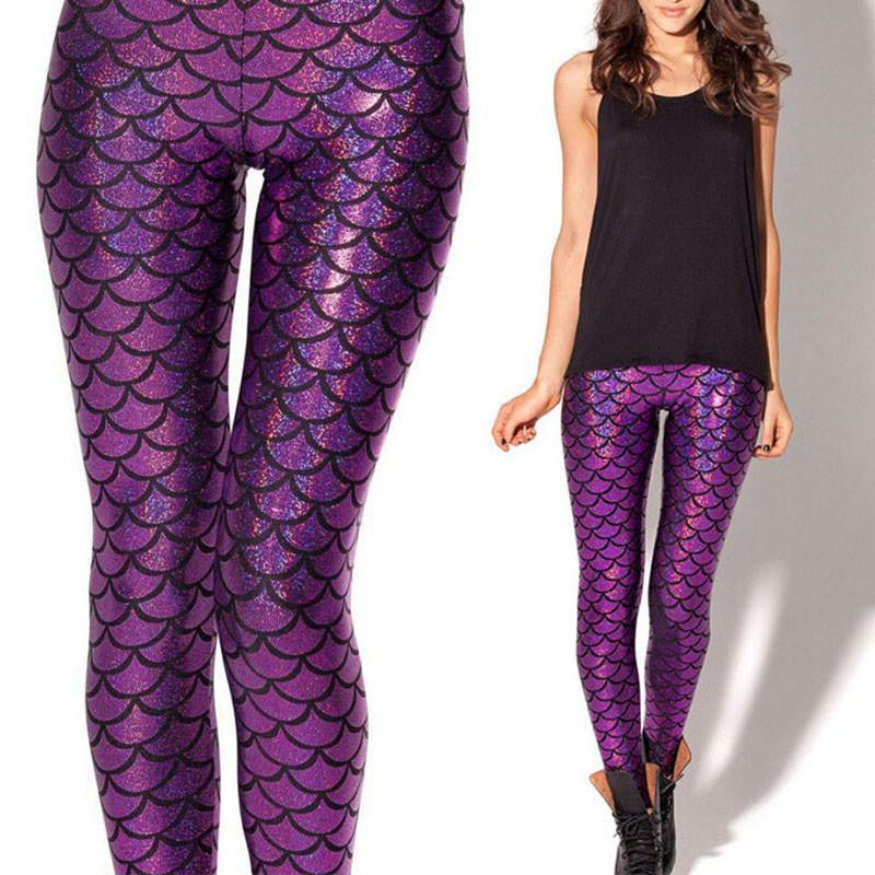 Women Holographic Mermaid Fish Scale Metallic Geometric Stretch Legging Pant