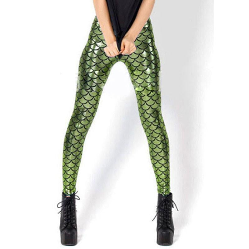 Women Holographic Mermaid Fish Scale Metallic Geometric Stretch Legging Pant