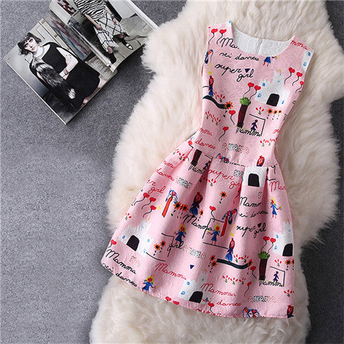 Online discount shop Australia - Cartoon Castle Sleeveless Girls Print Dress Knee Length Princess A-Line Dress Clothes For Kids 6 to 12 years Old Kids