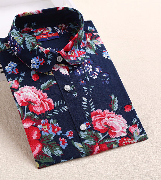 Floral Women Shirts Cotton Long Sleeve Shirt Vintage Printed Turn-down Collar Ladies Blouses Women Tops Fashion