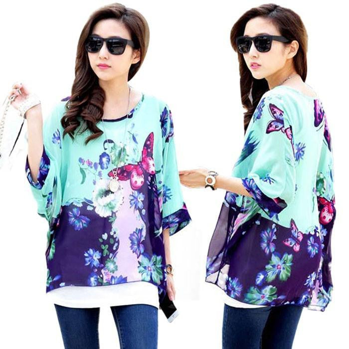 Women Batwing Sleeve Chiffon Shirt Bohemian National Wind Blouse Tops