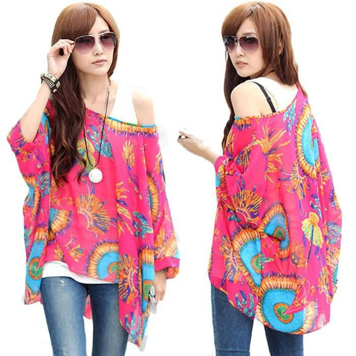 Women Batwing Sleeve Chiffon Shirt Bohemian National Wind Blouse Tops