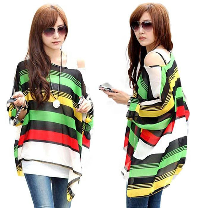 Women Batwing Sleeve Chiffon Shirt Bohemian National Wind Blouse Tops