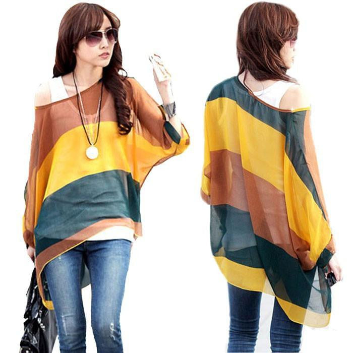 Women Batwing Sleeve Chiffon Shirt Bohemian National Wind Blouse Tops