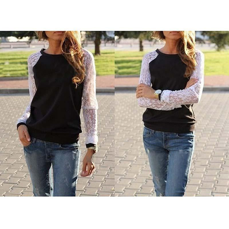 Online discount shop Australia - Lace Blouses Shirts Women Long Sleeve Blouse shirt Blouse Tops Solid O Neck Casual Shirts 5 Colors