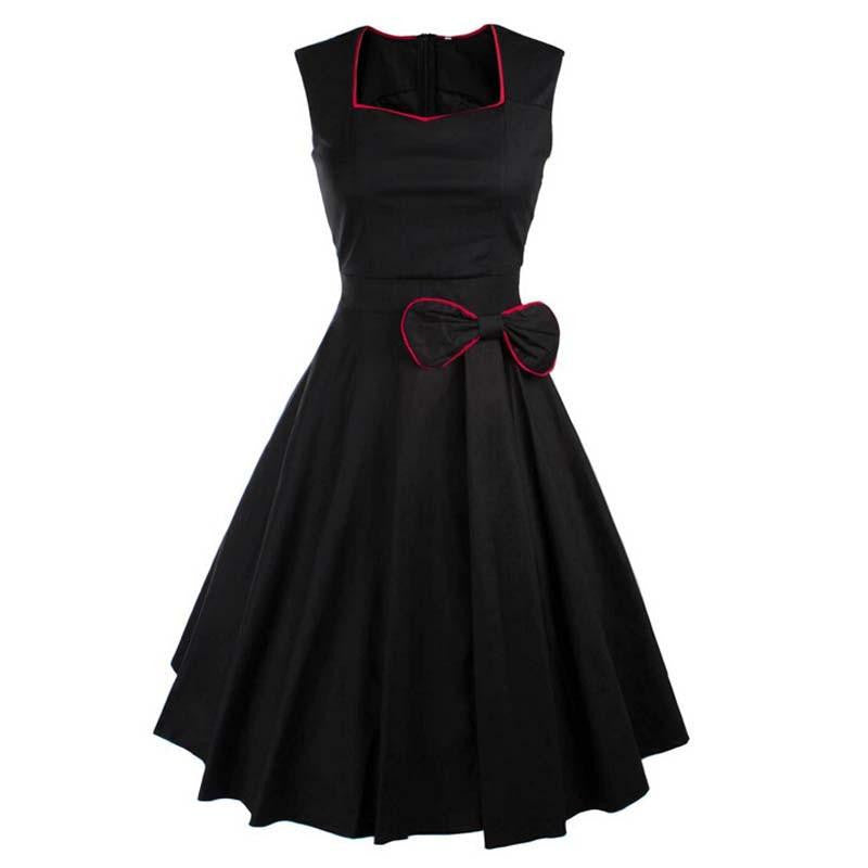 Women Summer Dress Vintage Retro Party Robe Rockabilly 50s Classic Pleated Bow Dresses Womens Clothing