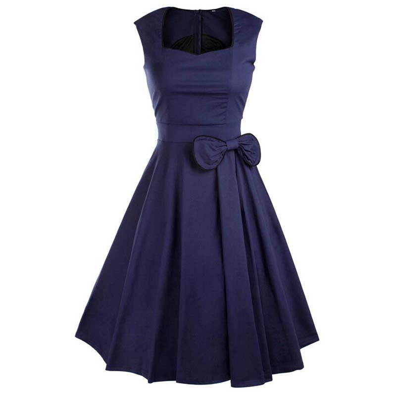 Women Summer Dress Vintage Retro Party Robe Rockabilly 50s Classic Pleated Bow Dresses Womens Clothing