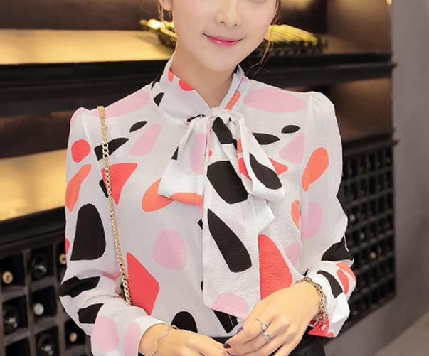 Work Wear Office Shirt Women Tops Yellow Floral Bow Tie Pattern Geometric Print Blouse Women Clothing T65628R