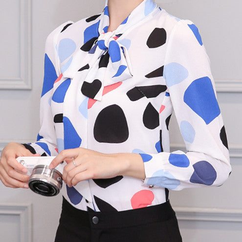 Work Wear Office Shirt Women Tops Yellow Floral Bow Tie Pattern Geometric Print Blouse Women Clothing T65628R