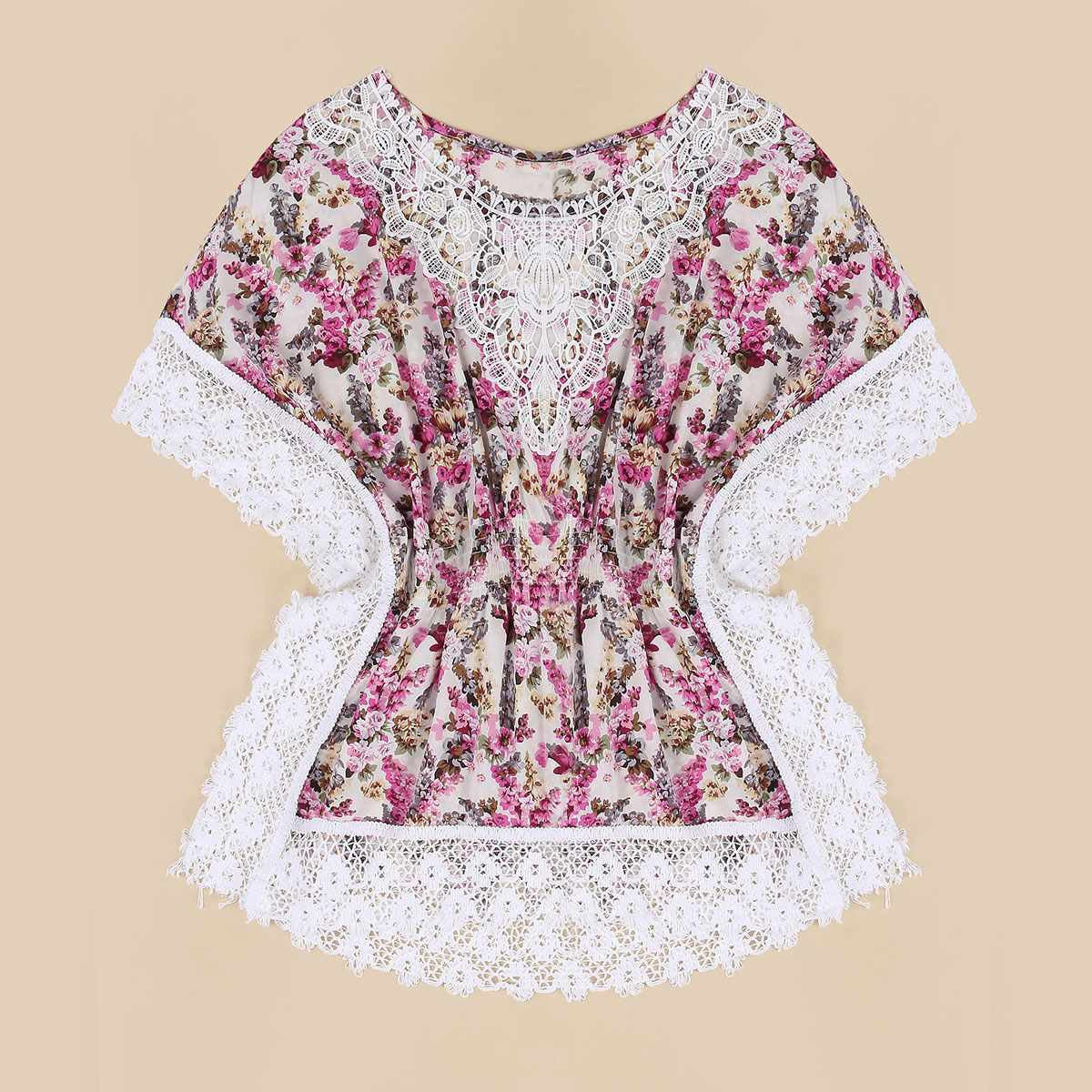 Online discount shop Australia - Ladies Tops Women Style Blouse Batwing Short Sleeve Floral Lace Edge Shirts Plus Size 3XL