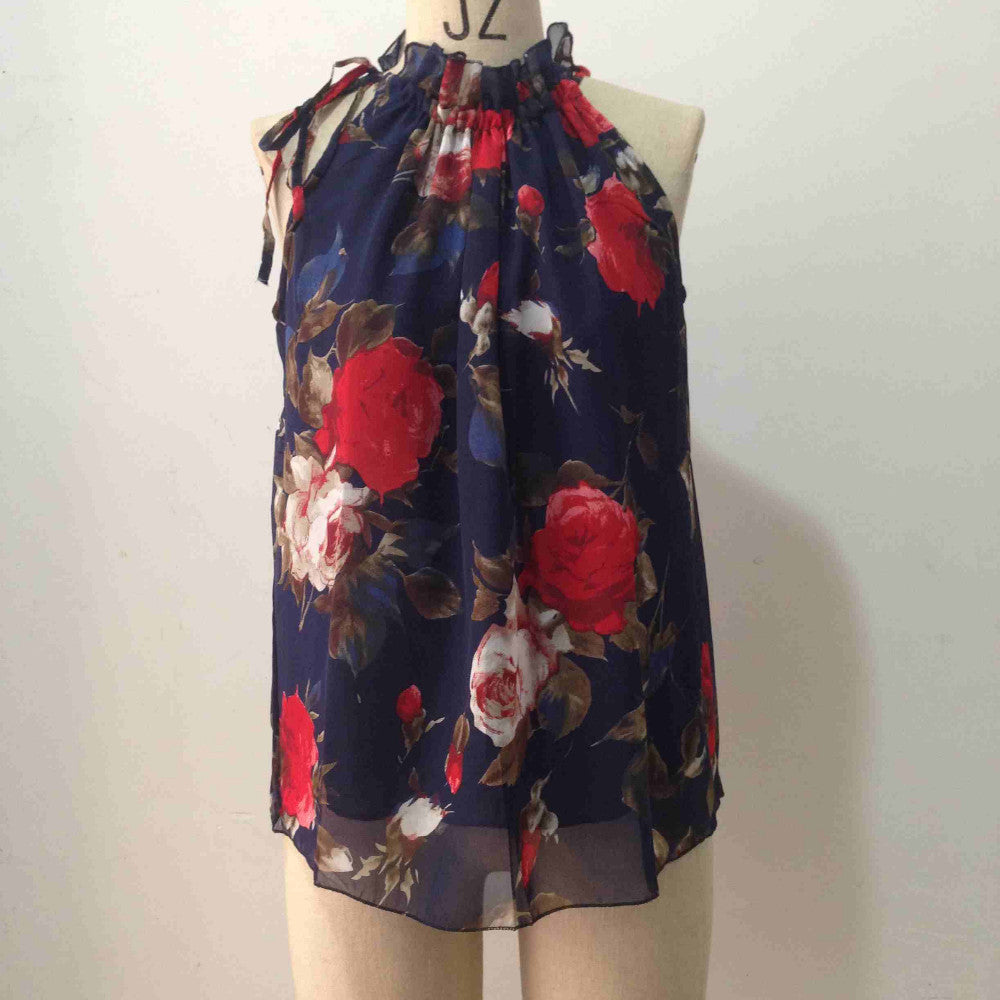 Women Sleeveless Chiffon Floral Print Blouse Ruffles Turtleneck Tops Shirt T57334
