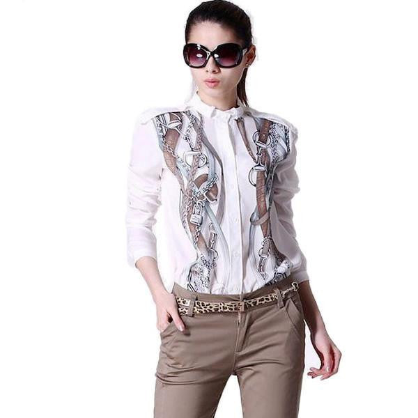 Women's Celebrity Stand Collar Long Sleeve Chain Printed Shirts Tops Chiffon Casual Ladies Blouses