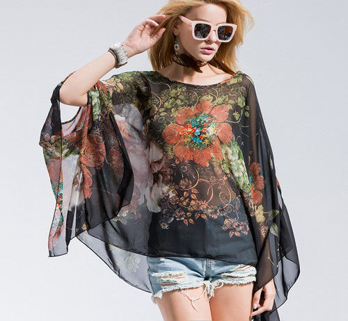 Online discount shop Australia - Casual Fashion Floral Women Ladies Sexy Batwing Sleeve Loose Chiffon Floral Printed Blouse Tops