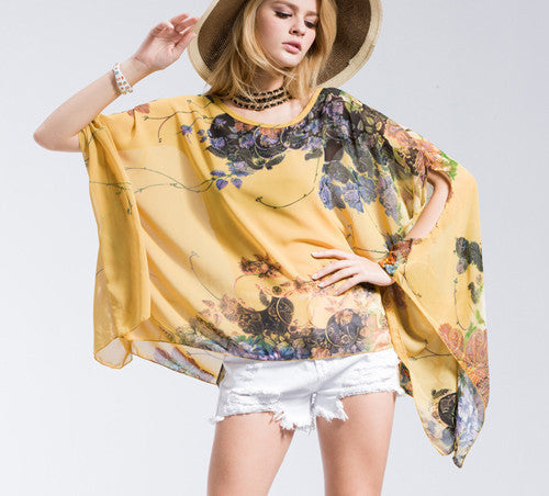 Online discount shop Australia - Casual Fashion Floral Women Ladies Sexy Batwing Sleeve Loose Chiffon Floral Printed Blouse Tops