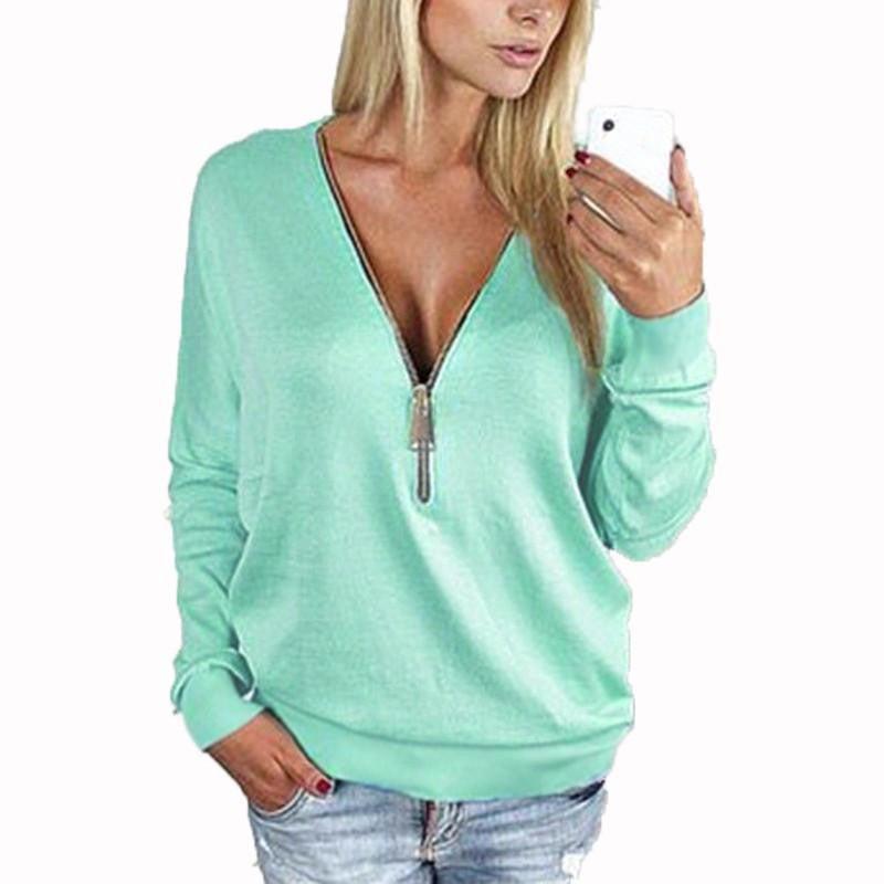 Women Blouses Long Sleeve Zipper V Neck Casual Sweatshirt Blouse Ladies Shirt Tops