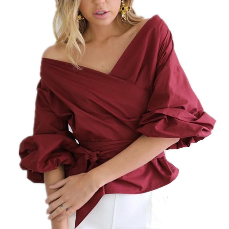 Women Fashion Blouse V Neck Puff Sleeve Cross Bandage Bow Tie Sashes Off Shoulder Blouses Shirts Ladies Tops