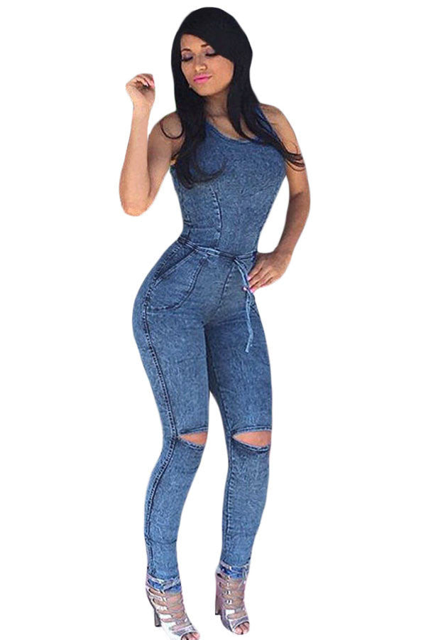 Rompers Women Denim Jeans Slim Casual Romper Plunge Neck Open Back Denim Jumpsuit LC64172 Full Length Overalls