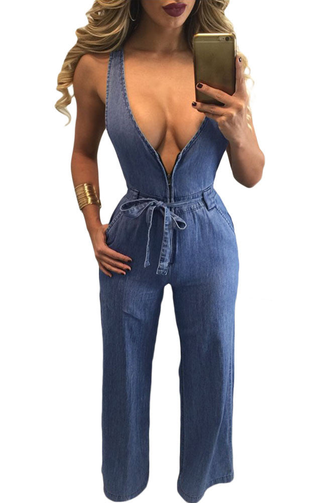 Rompers Women Denim Jeans Slim Casual Romper Plunge Neck Open Back Denim Jumpsuit LC64172 Full Length Overalls