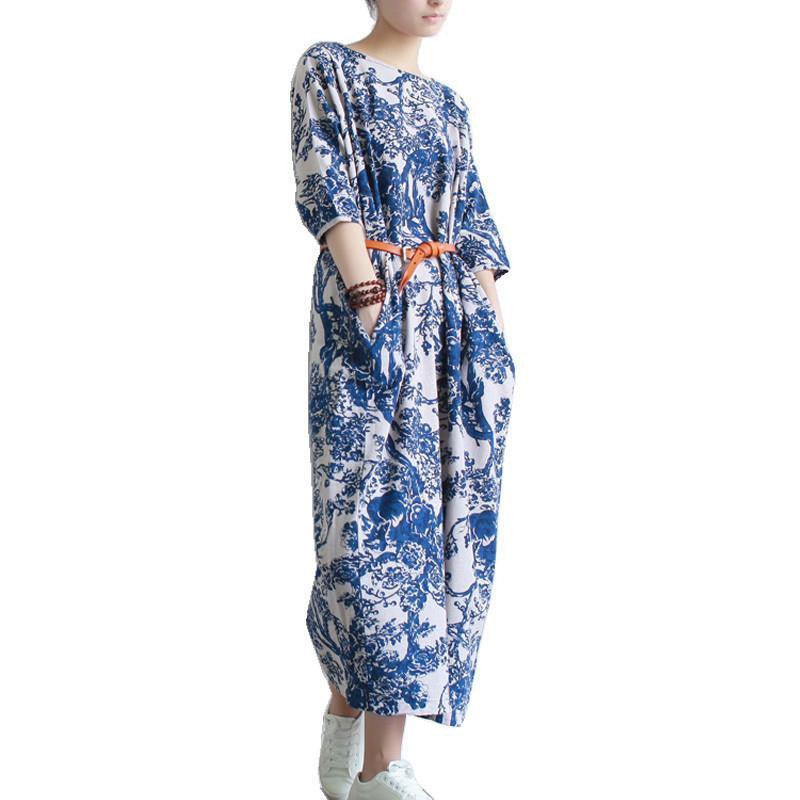 SERENELY Summer Dress Plus Size Women Dress Loose Casual Dresses Vintage Printed Linen Dress Party Dresses D04