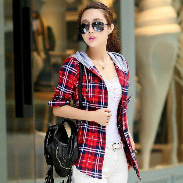 Online discount shop Australia - Cotton Long Sleeve Red Checked Plaid Shirt Women Hoodie Casual Fit Blouse Plus Size Sweatshirt