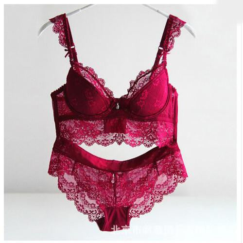 Wine Red Lace Bra Adjustment Ultra-thin Side Gathering Push Up Women's Bra Briefs Set Lace Underwear bra