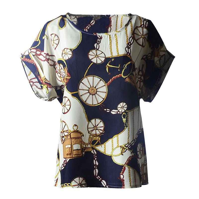 Women Chiffon Blouse Totem Sunflower/Wheel Chain Print Short Sleeve Vintage Lady Top Blouse Better Plus Size XXL